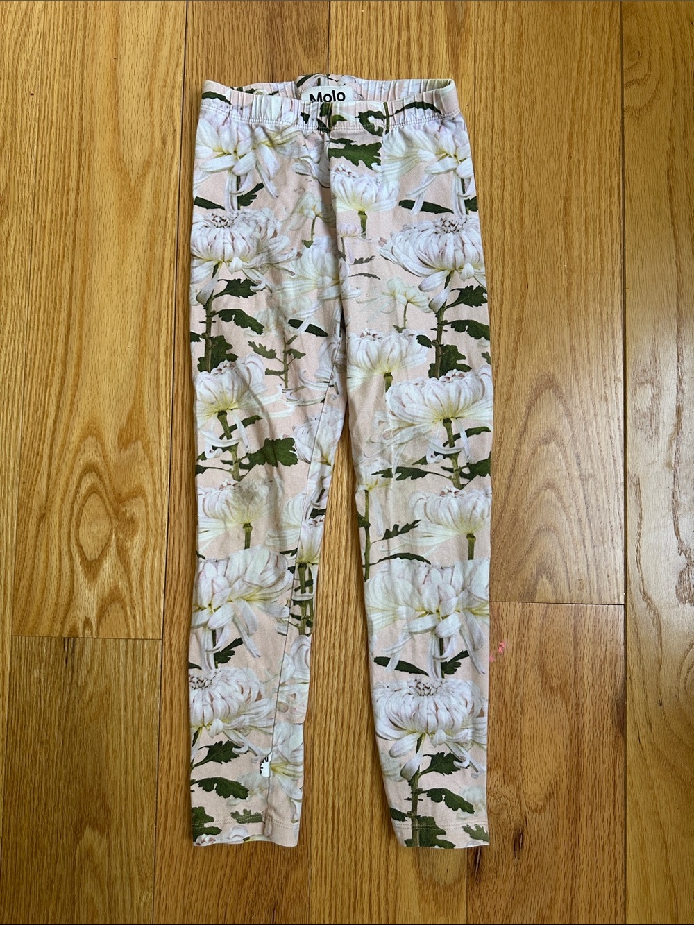 Molo Pale Pink Floral Leggings with Green Leaves. Size 122/7